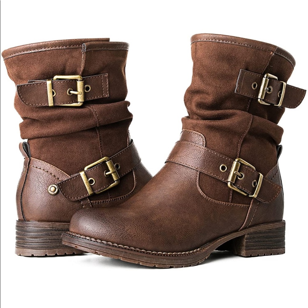 Brown Buckle Ankle Boots Fur Lining- Warm